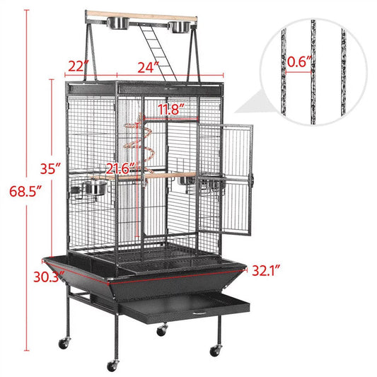 68.5'' H Metal Rolling Bird Cage Parrot Cage,Black - BIG FRENCHIES