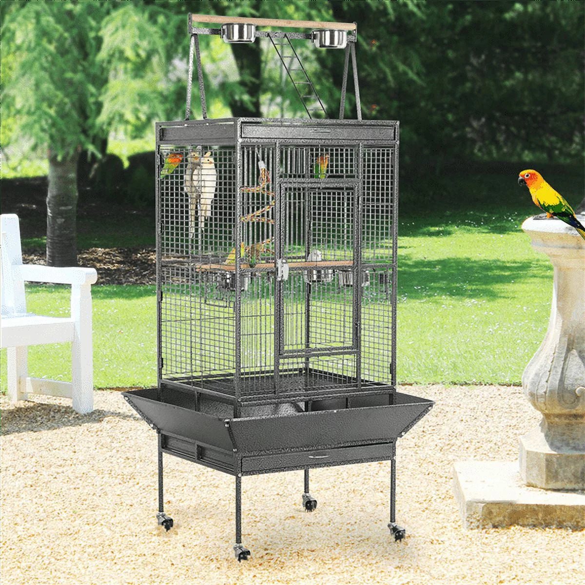 68.5'' H Metal Rolling Bird Cage Parrot Cage,Black - BIG FRENCHIES