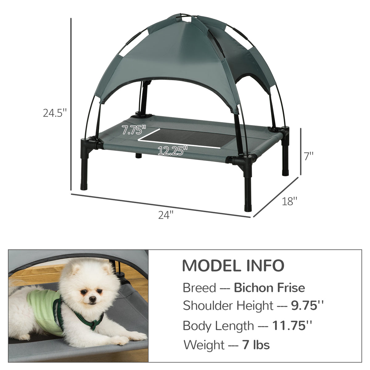 Elevated Dog Bed with Removable Canopy, Outdoor Dog Cot with UV Protection Canopy Shade, 24 inch Pet Bed for Camping, Gr