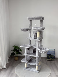 68in Tall Multi-Level Green Cat Tree with Hammocks, Hanging Basket, Cat Cave, Removeable Cushion, Scratching Posts - Plu