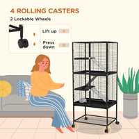Rolling Small Animal Cage 53.5"H Chinchilla Cage for Ferrets, Squirrels w/ Removable Tray, Storage Shelf, Black