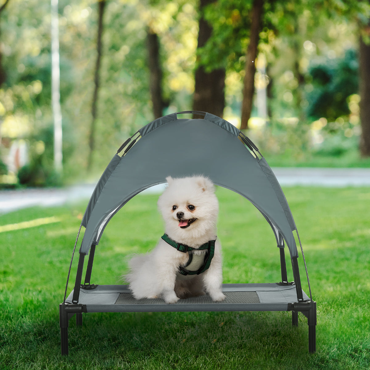 Elevated Dog Bed with Removable Canopy, Outdoor Dog Cot with UV Protection Canopy Shade, 30 inch Pet Bed for Camping, Gr