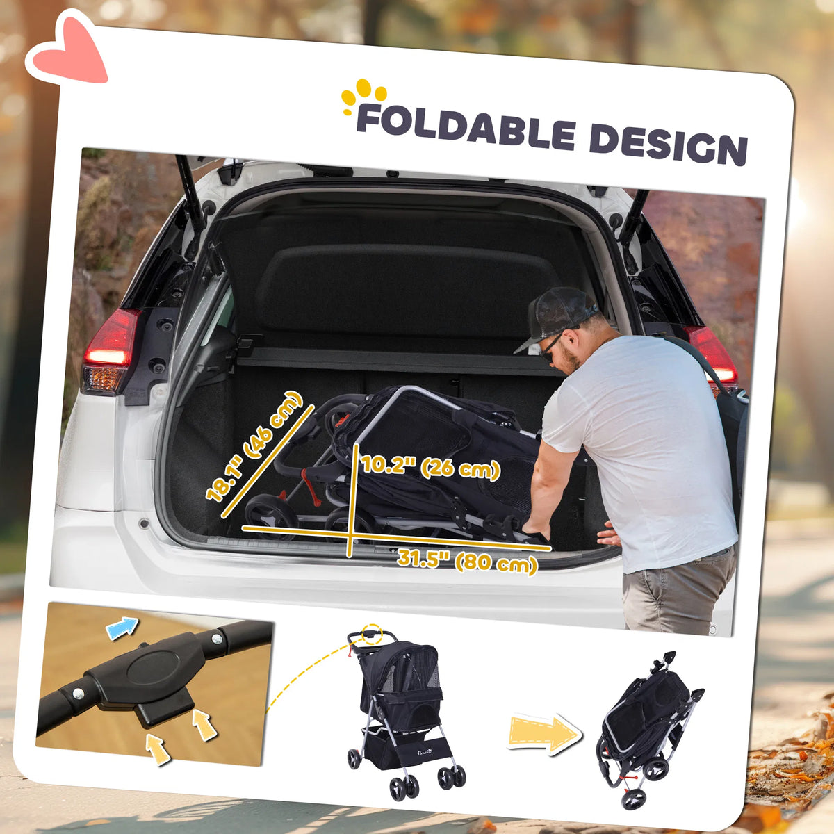 Dog Stroller, One-click Folding Pet Stroller with Cup Holder, 4 Wheels Travel Carrier w/ Brakes, 360° Swiveling Front Wh