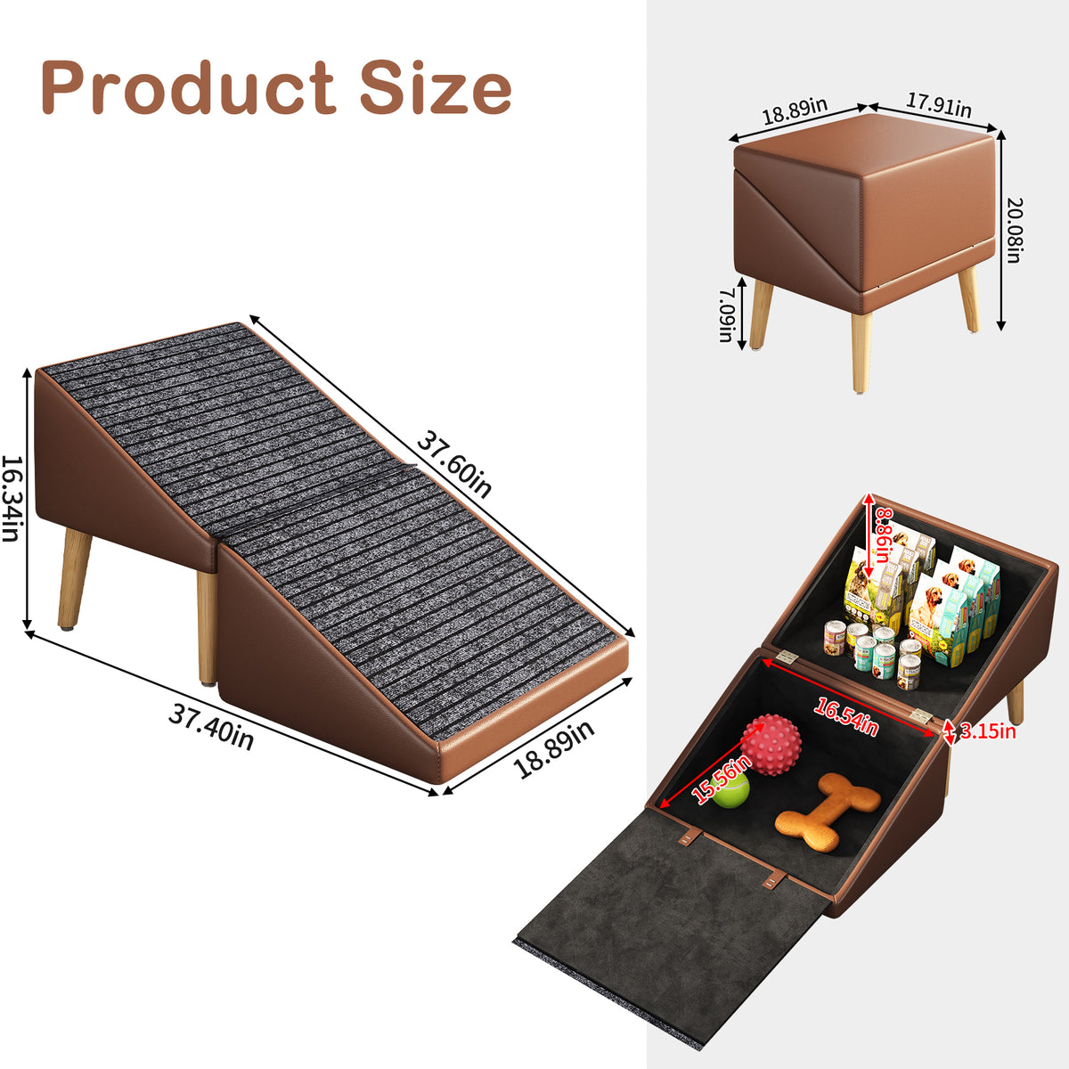3-in-1 Dog Ramp 18.89"×17.91"×20.08" with Storage – Pet Stairs for Senior & Injured Dogs & Cats, Hidden Storage Footstoo