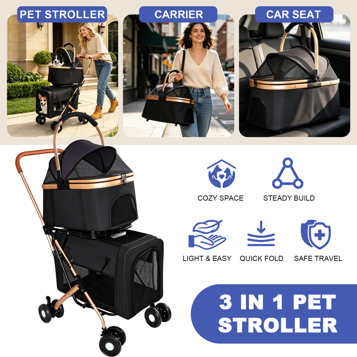 3-in-1 Double Pet Stroller For Small Medium Dogs Cats, Foldable Frame Convertible Pet Carrier Tote, Shockproof Wheels Wi