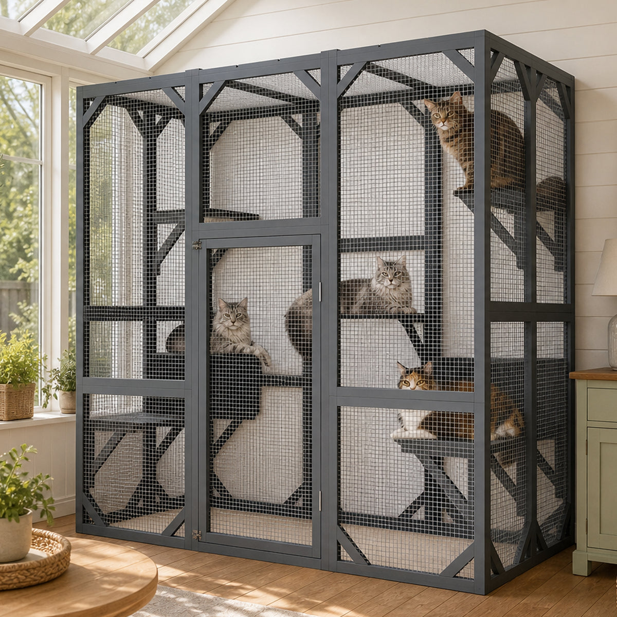 71" x 37" x 71" Outdoor Cat Enclosure, Large Wooden Cat Cage with Mesh Panels & Waterproof Roof, Well-Ventilated & Escap