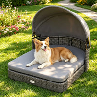 Gray Hand-Woven PE Rattan Dog Bed with Adjustable Canopy, Elevated Outdoor Pet Daybed with Washable Plush Cushion, Anti-