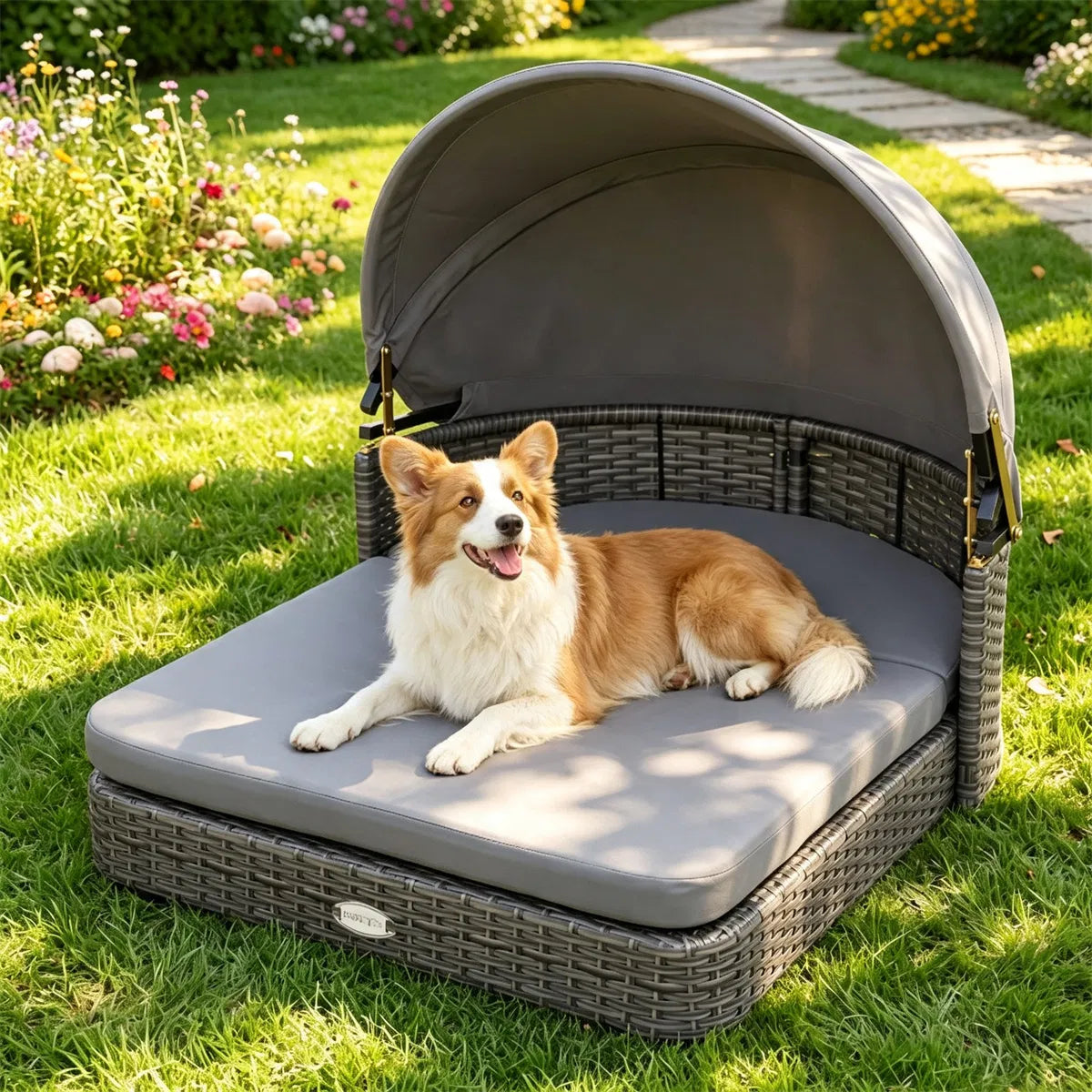 Gray Hand-Woven PE Rattan Dog Bed with Adjustable Canopy, Elevated Outdoor Pet Daybed with Washable Plush Cushion, Anti-