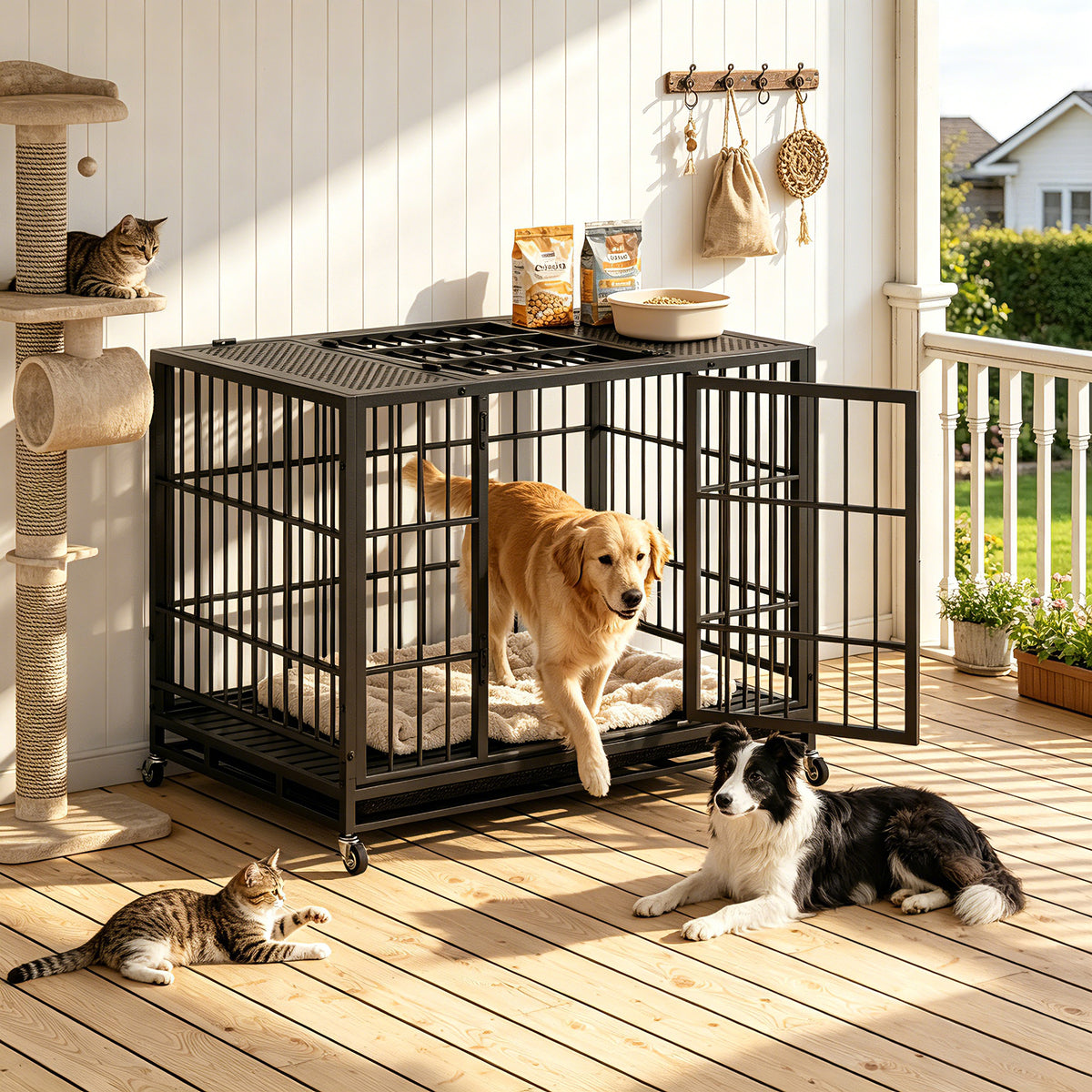 Heavy Duty Dog Crate , Mobile Pet Kennel with Lockable Wheels & Rotary Twist-Latch, Indoor Outdoor Metal Cage with Perfo