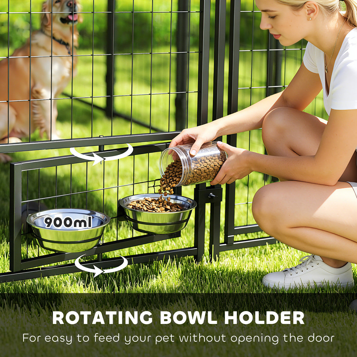 9.8 x 9.8 x 6 Outdoor Dog Kennel, Dog Kennel Outside Run with 360° Rotating Bowls, Waterproof & UV Resistant Cover