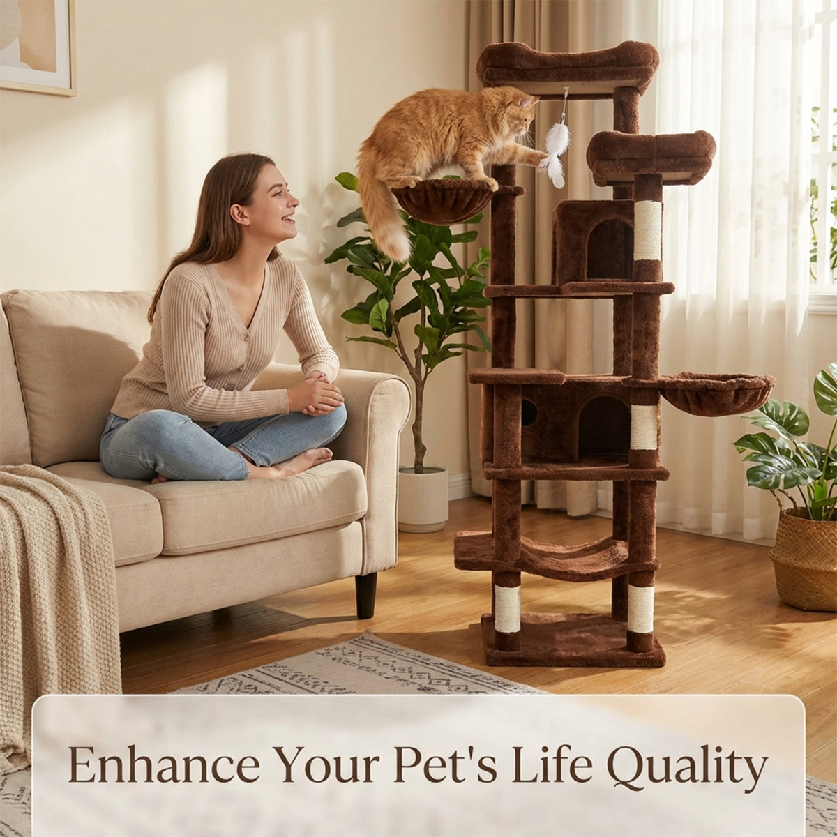 68in Tall Multi-Level Green Cat Tree with Hammocks, Hanging Basket, Cat Cave, Removeable Cushion, Scratching Posts - Plu