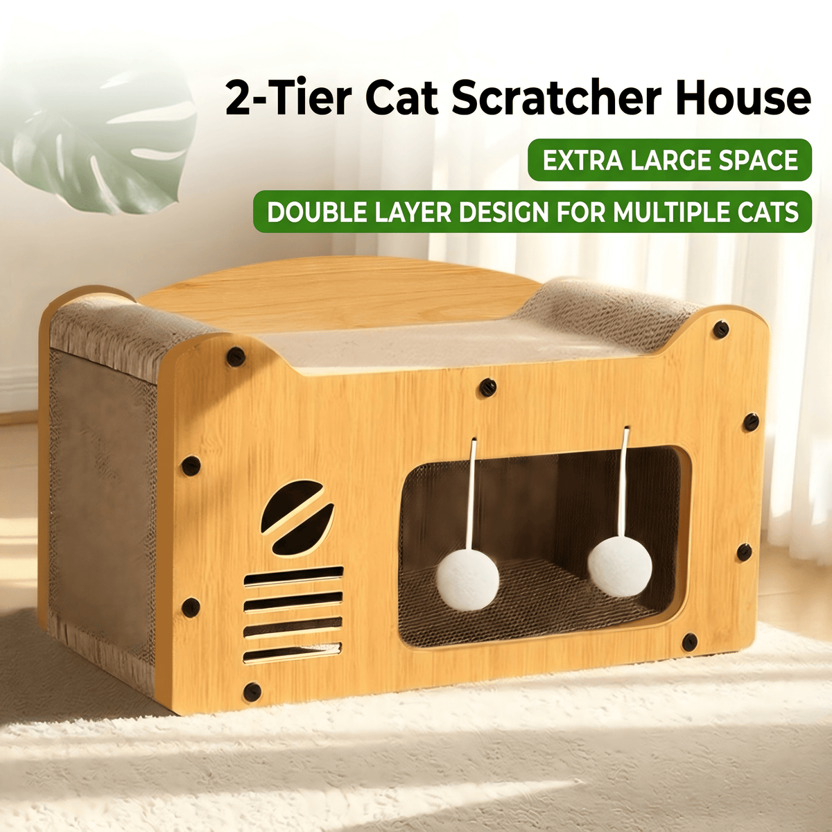 Multi-Style Double-Layer Cat Scratcher House, 2-Tier Large Cat Villa Bed With Corrugated Cardboard, Interactive Hanging 