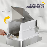 Extra Large Stainless Steel Cat Litter Box for Big Cats with Flip Cover, High-Sided Enclosure & Scoop