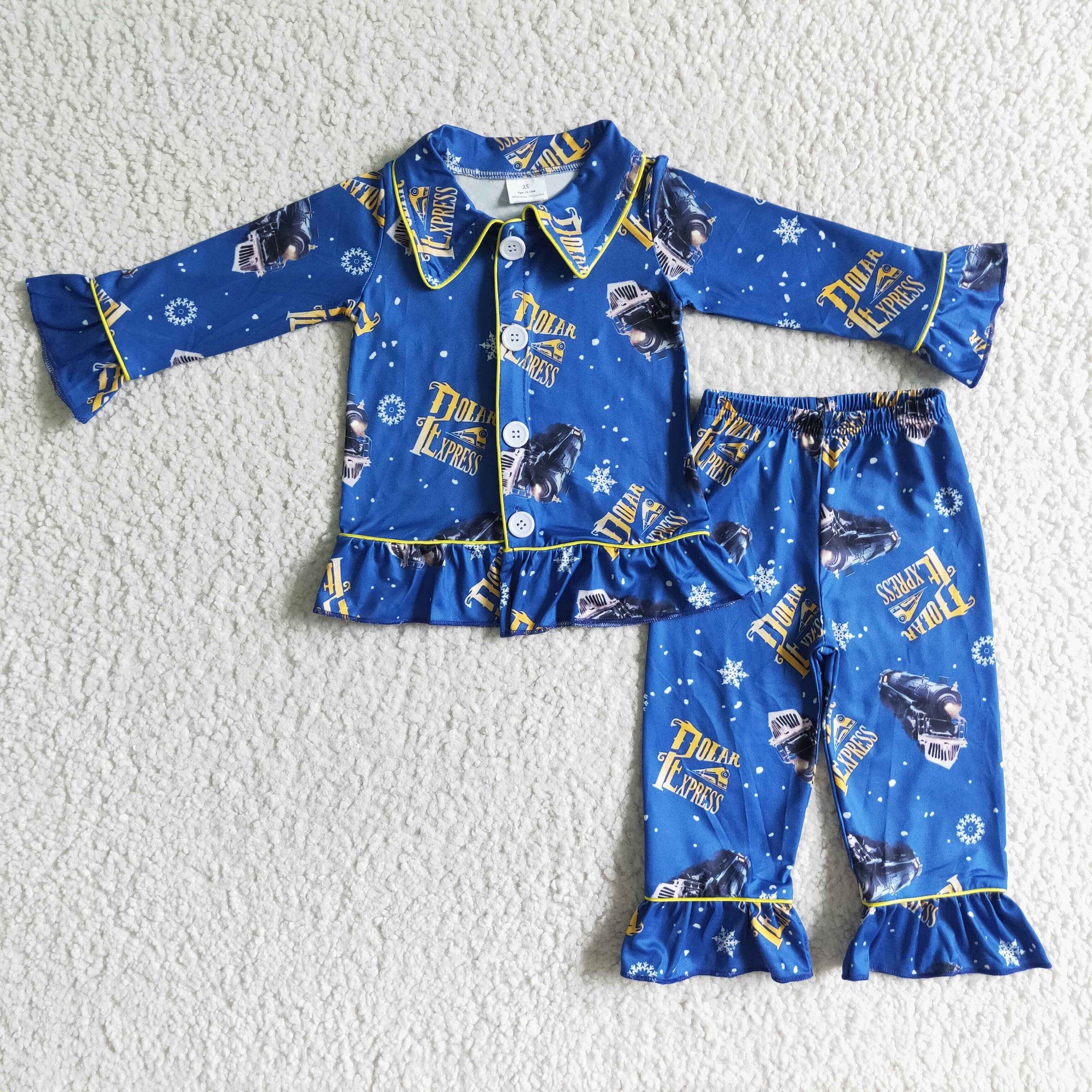 Blue train long sleeve ruffle girl pajamas - BIG FRENCHIES