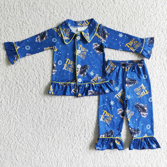 Blue train long sleeve ruffle girl pajamas - BIG FRENCHIES