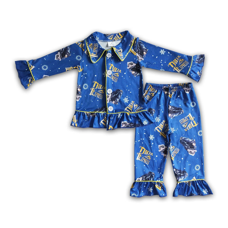 Blue train long sleeve ruffle girl pajamas - BIG FRENCHIES