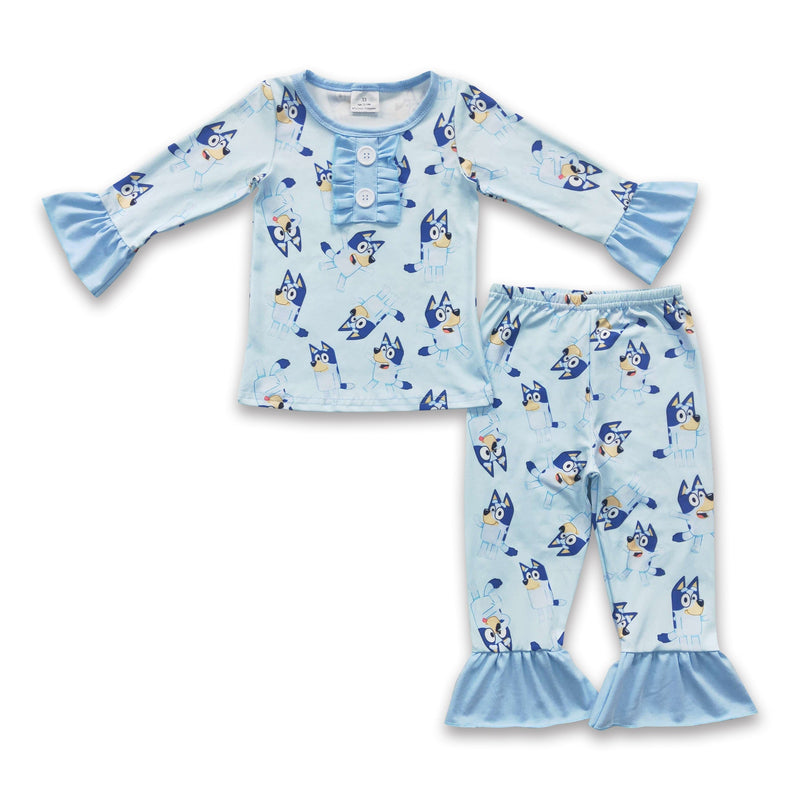 Blue dog ruffle long sleeve girls pajamas - BIG FRENCHIES