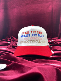 Roses are red violets are blue I eat coochie and booty hole too White/red Midcrown Snapback Custom Embroidered Cap Hat