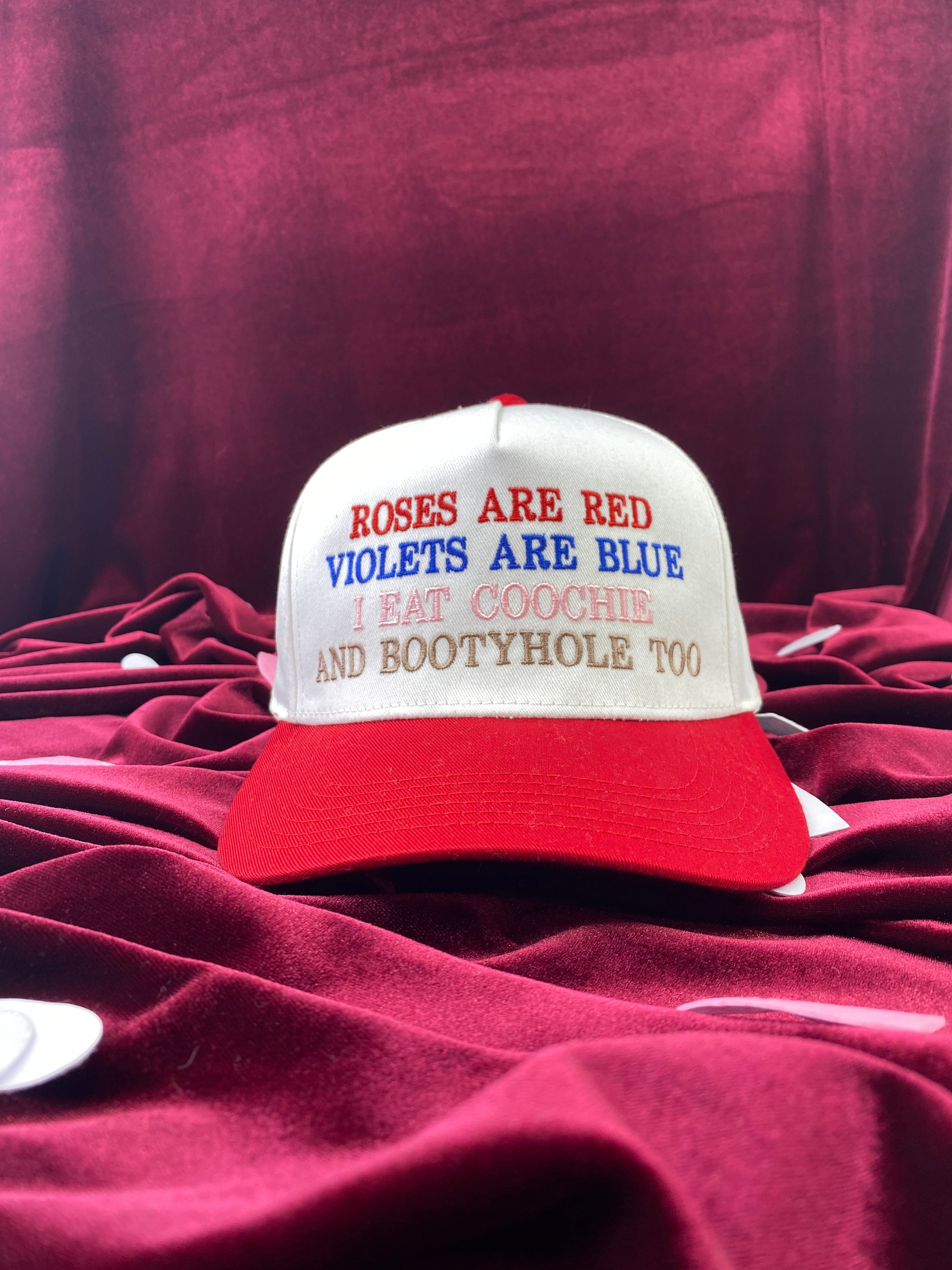 Roses are red violets are blue I eat coochie and booty hole too White/red Midcrown Snapback Custom Embroidered Cap Hat