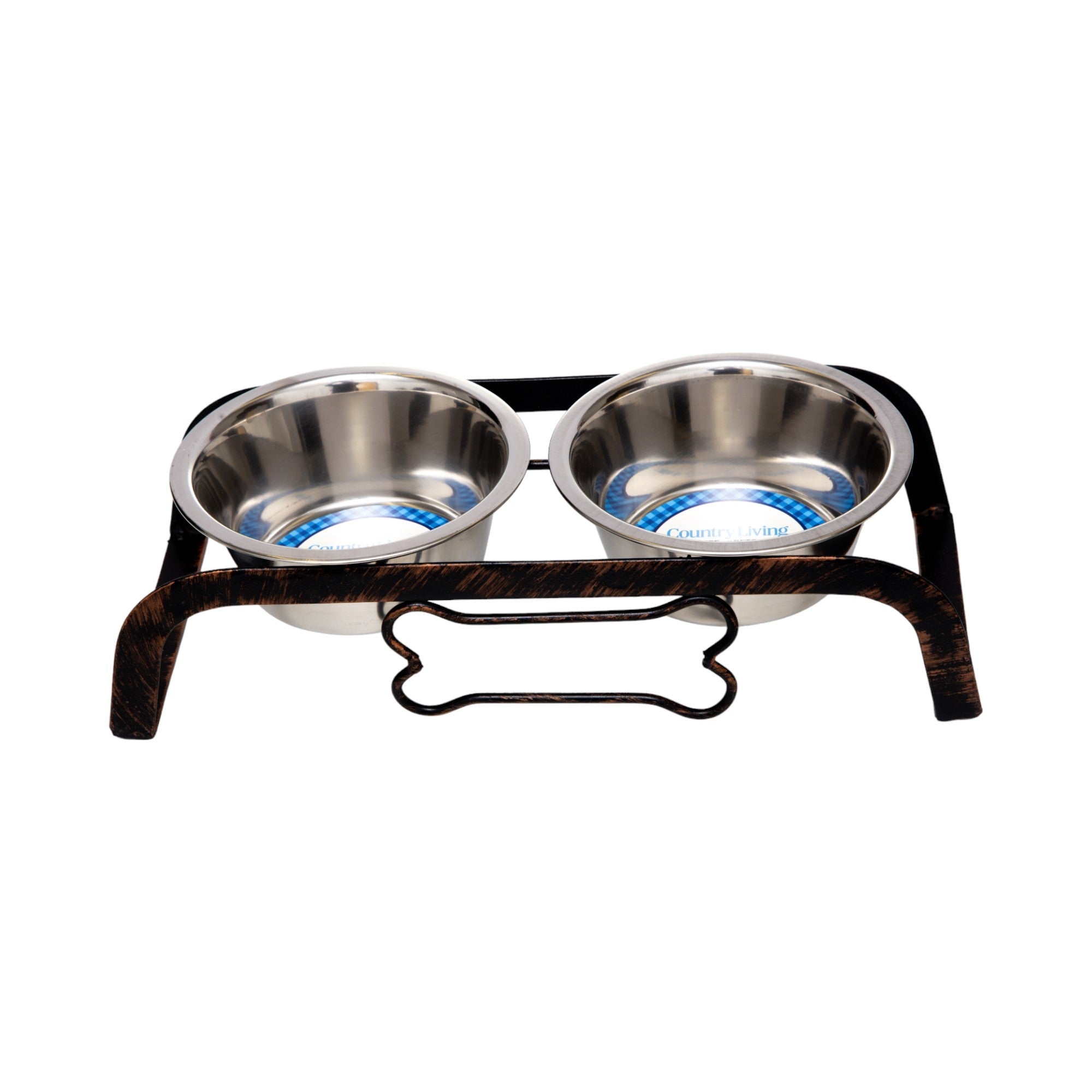 Country Living Rustic Dog Bone Elevated Feeder with 2 Stainless Steel Bowls - BIG FRENCHIES