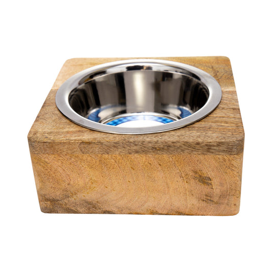 Country Living Elegant Stainless Steel Dog Bowl with Square Mango Wood Holder – 1 Quart - BIG FRENCHIES