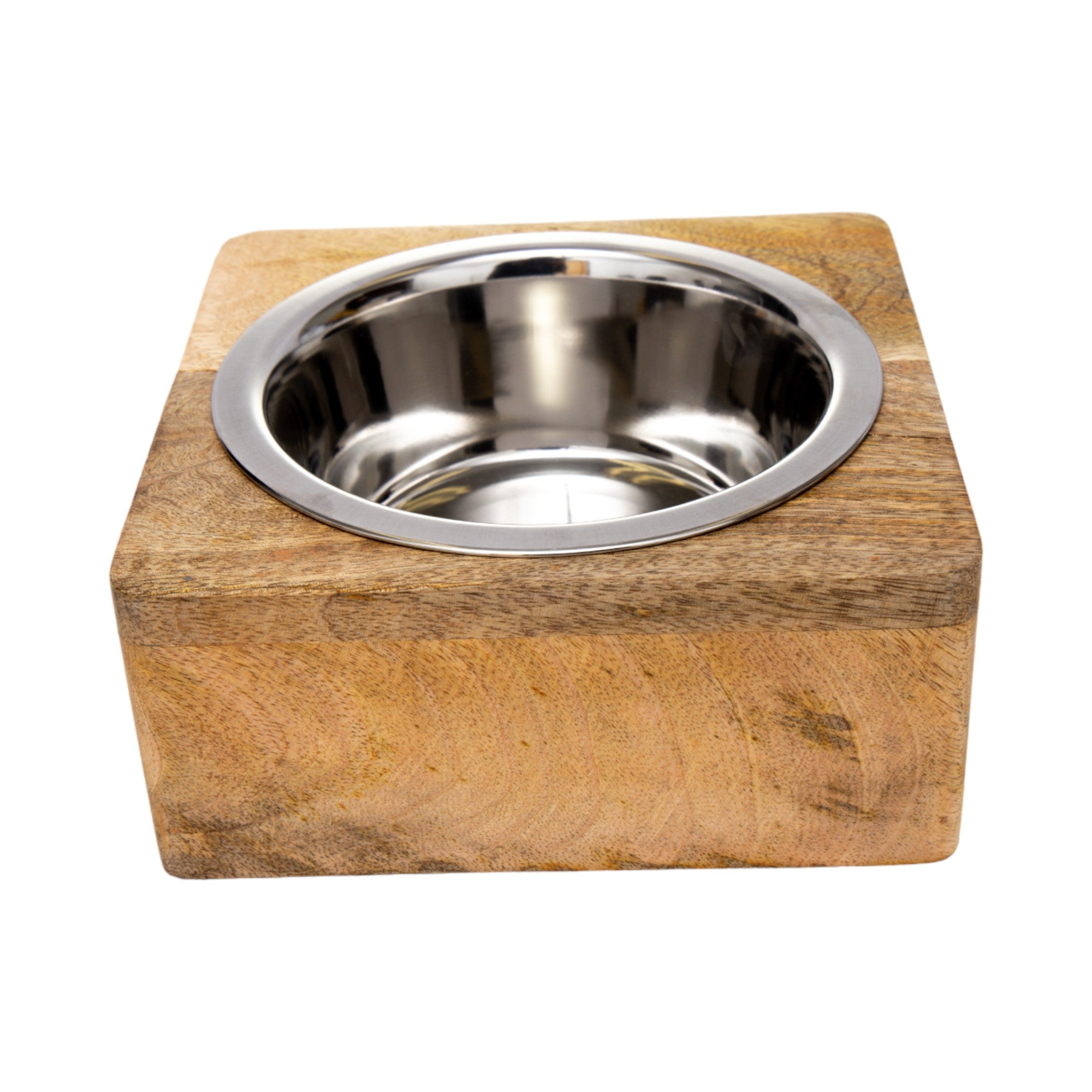 Country Living Elegant Stainless Steel Dog Bowl with Square Mango Wood Holder – 1 Quart - BIG FRENCHIES