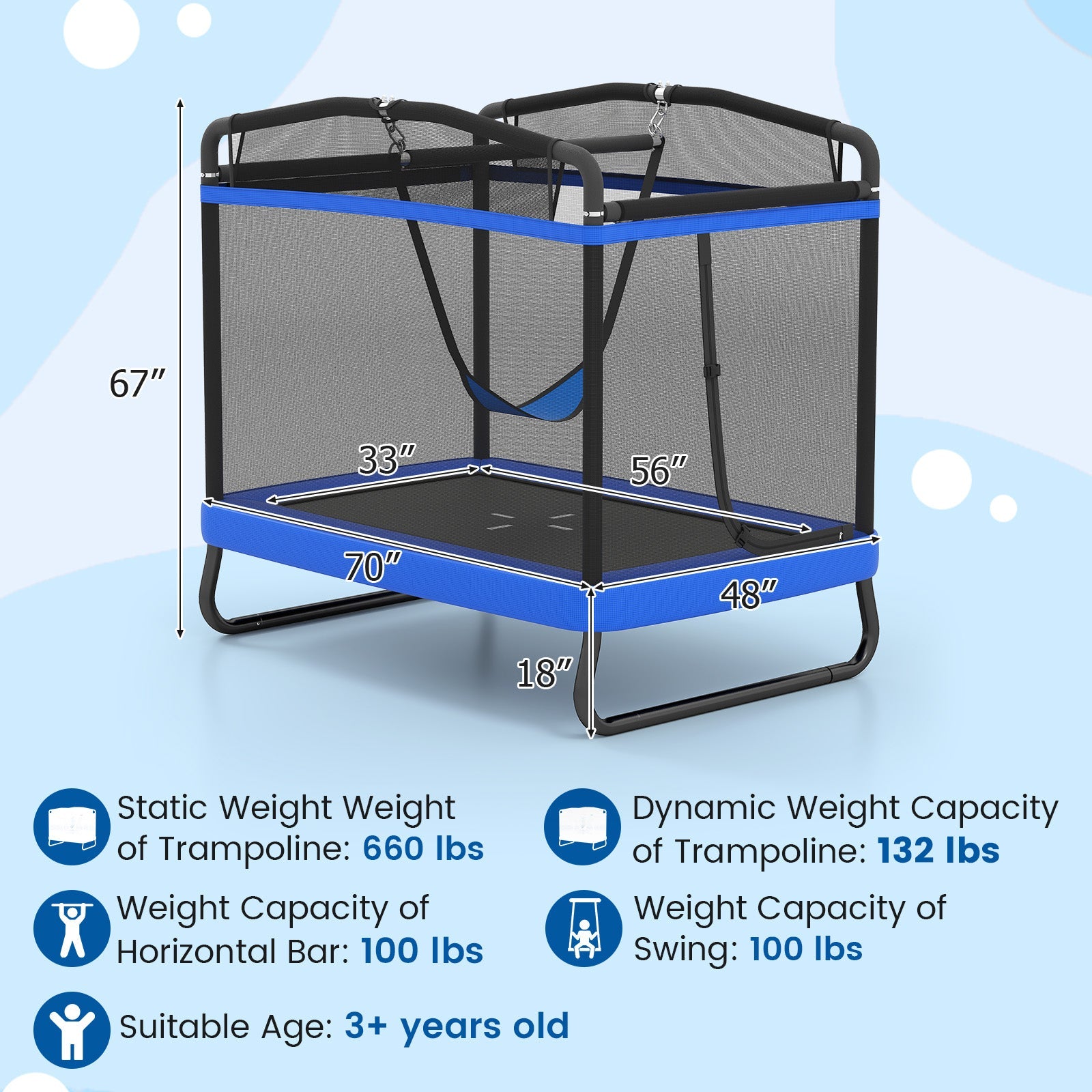 6 FT Kids Trampoline with Swing and Horizontal Bar Small Rectangle Trampoline