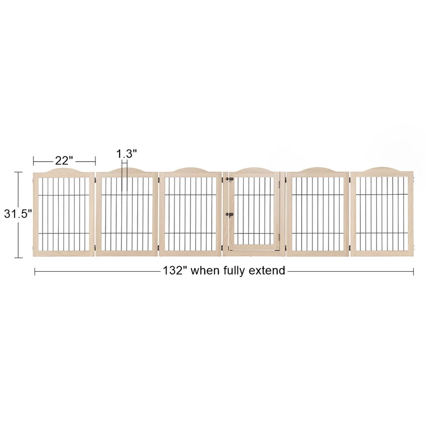 6-Panel Freestanding Solid Wood Dog Gate with Lockable Door, 132"L x 31.5"H – Foldable Pet Gate & Playpen, No Wall Mounting Required