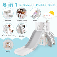 6-in-1 Toddler Slide L-shaped Playground with Basketball Hoop and Ladder