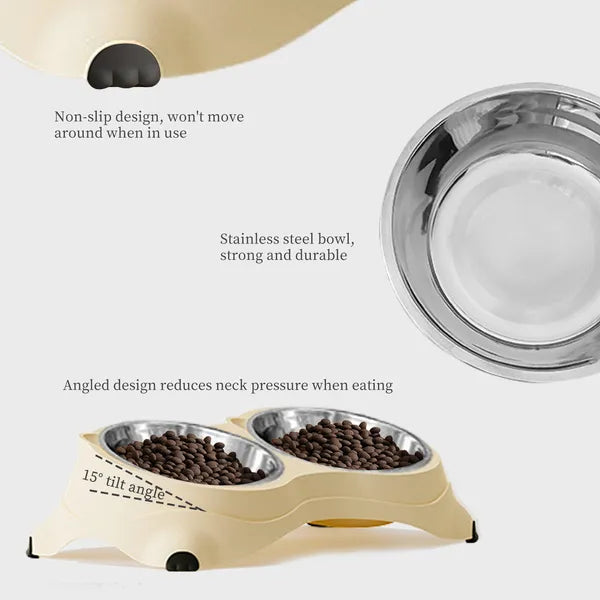 Anti Slip Base Double Cat Food Bowl, Gray Stainless Steel Food And Water Bowl, Easy To Clean And Detachable Design, Cat 
