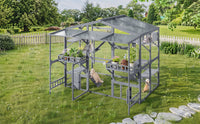 Large Outdoor Catio for 6-10 Cats, Pine Wood Cat Cage Outdoor with Weatherproof Roof, 6 Platforms, Climbing Ramp, 1 Rest
