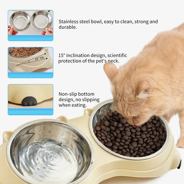 Anti Slip Base Double Cat Food Bowl, Gray Stainless Steel Food And Water Bowl, Easy To Clean And Detachable Design, Cat 