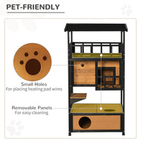 Wooden Outdoor Cat House, Feral Cat Shelter Kitten Condo with Asphalt Roof, Escape Doors, Condo, Jumping Platform, Yello