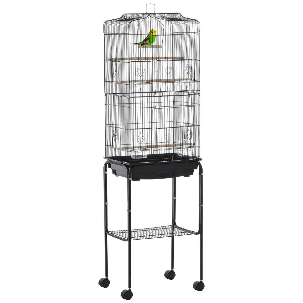 62" Rolling Bird Cage Cockatoo House Play Top Finch Pet Supply with Storage Shelf, Wheels - Black
