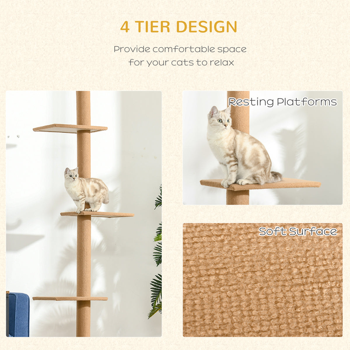 Floor-to-Ceiling Cat Tree Cat Climbing Tower with Sisal-Covered Scratching Posts Natural Cat Tree Activity Center for Ki