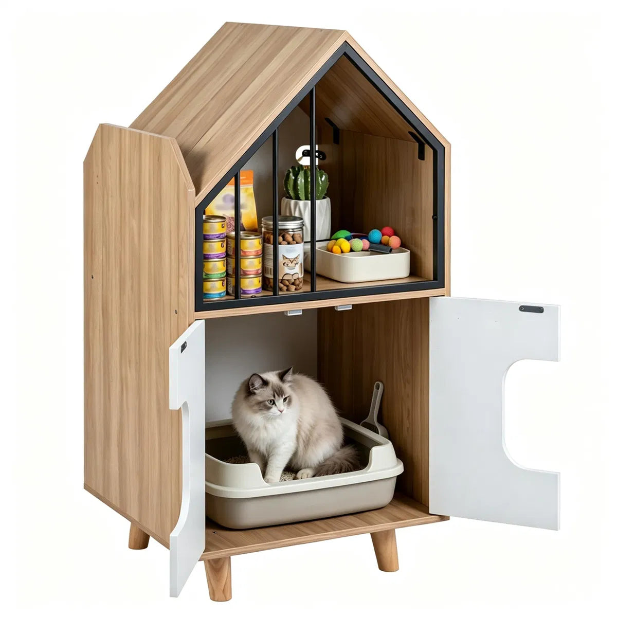 Natural & White Hidden Cat Litter Box Furniture, Elevated Cat Lounge Top Enclosed Cat Washroom Cabinet with Raised Legs 