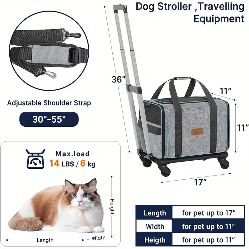 Rolling Cat & Dog Travel Carrier – Expandable Wheeled Pet Cage with Detachable Base & Telescopic Handle, Airline Approved