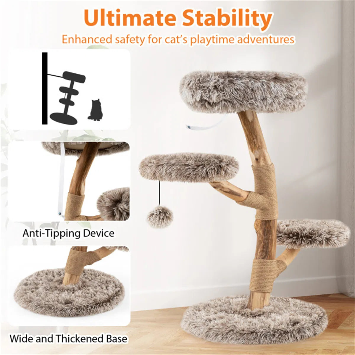 4-Level Natural Pear Wood Cat Tree - 19.5"x35.5", Jute Scratch Posts + Plush Ball, Long Plush