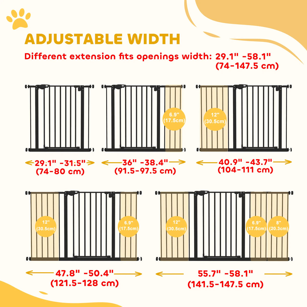 Pet Gate with Door Dog Gate and Barrier Indoor for Stairs Includes 7", 8", 12" Extensions Kit, 30 Inch Tall Pressure-Mou