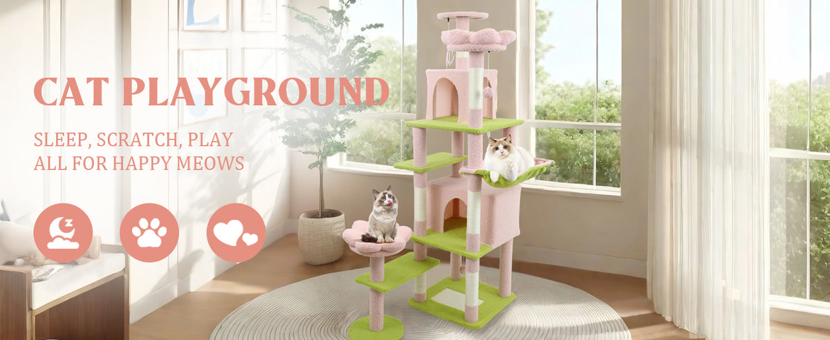 71 inch flower cat tree with large condo removable flower cushion and hammock pink