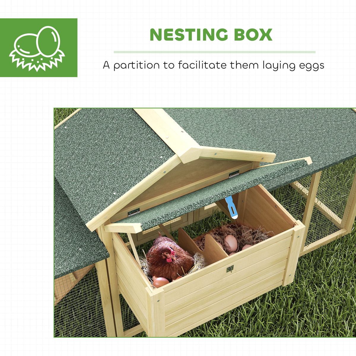 Wooden Chicken Coop ith Nesting Box, Double Runs, Removable Tray, Ramp, for Garden Backyard