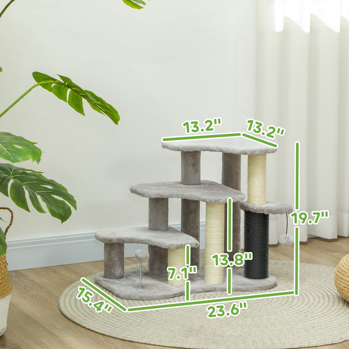 2 in 1 Cat Tree Tower 3-Step Pet Stairs with Scratching Posts, Tickling Post, Toy Balls, for High Beds, Couch