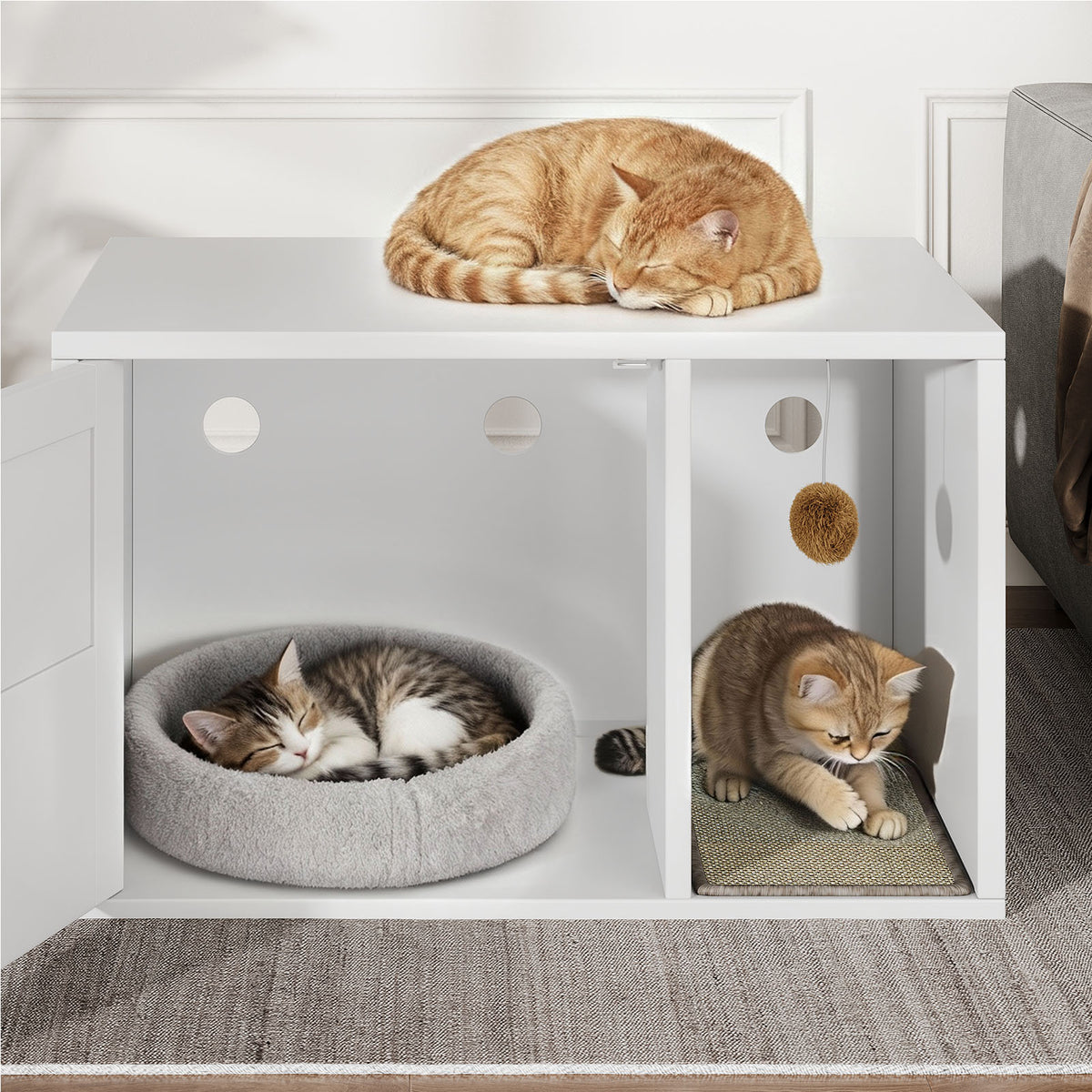 Cat Litter Box Cabinet Multifunctional White Modern Cat House Washroom End Table For Bedroom Living Room