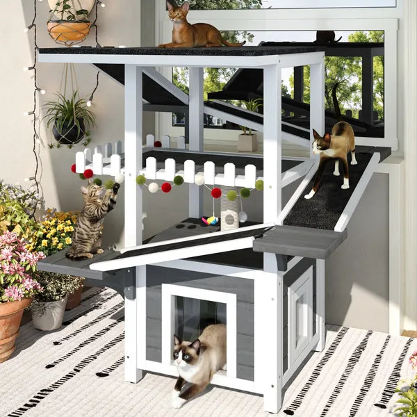 4 Tiers Outdoor Cat House Weatherproof Cat Tree Tower With Waterproof Roof And 2 Doors , Feral Cat Shelter Outside Enclo