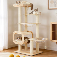 Heavy-Duty No-Drill 4-Story Cat Tree-Solid Wood Multi-Story Boards, Multi-Column Design, 55.9in Cat Tower With Open Cond