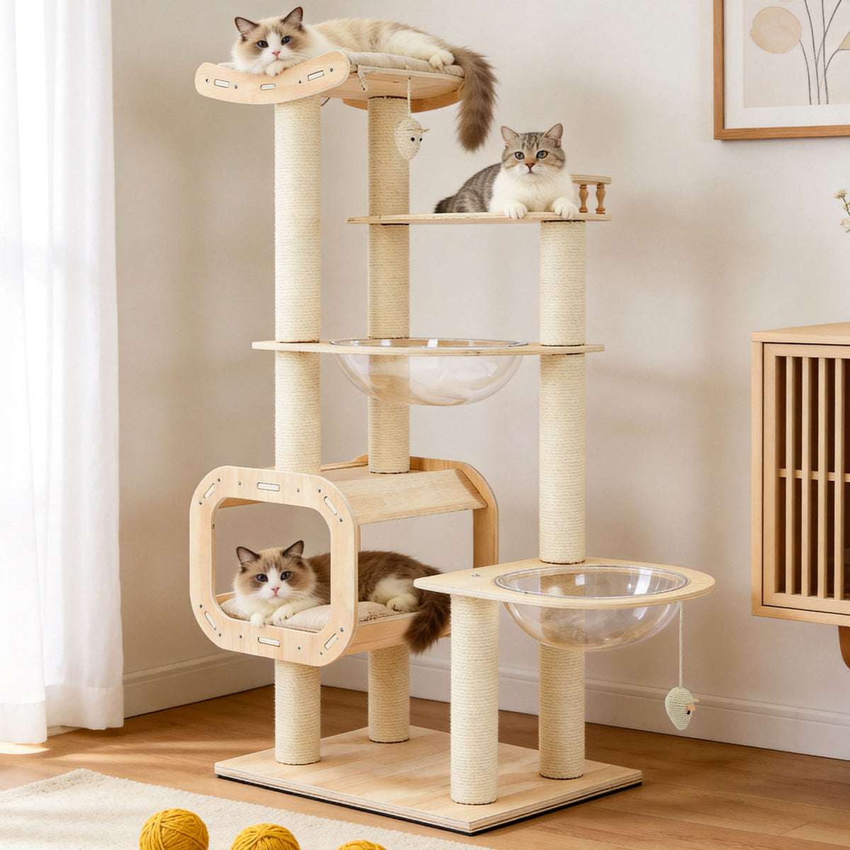 Heavy-Duty No-Drill 4-Story Cat Tree-Solid Wood Multi-Story Boards, Multi-Column Design, 55.9in Cat Tower With Open Cond