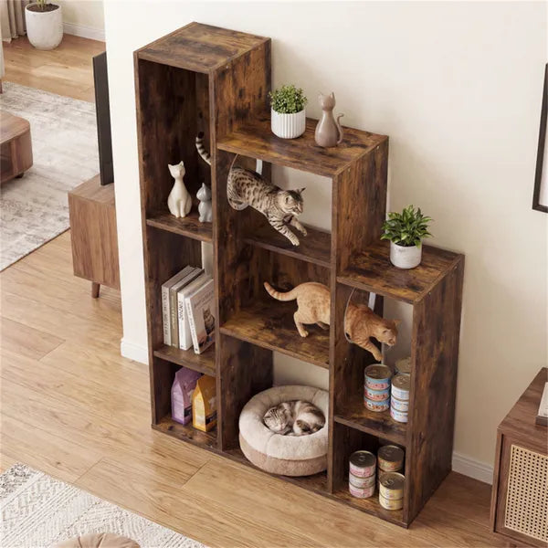 Cat Bookshelf Cabinet (Rustic Brown), 8 Organized Storage Sections & Multiple Climbing Platforms