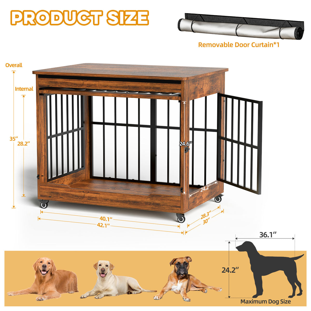42in Large Dog Crate Furniture, Double Door Wooden Indoor Dog Kennel Furniture, Decorative Pet Cage End Table With Wheel