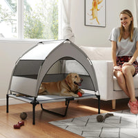 PawHut Elevated Dog Bed With Removable Canopy, Portable Outside Raised Pet Cot With Cooling Pad, Storage Bag
