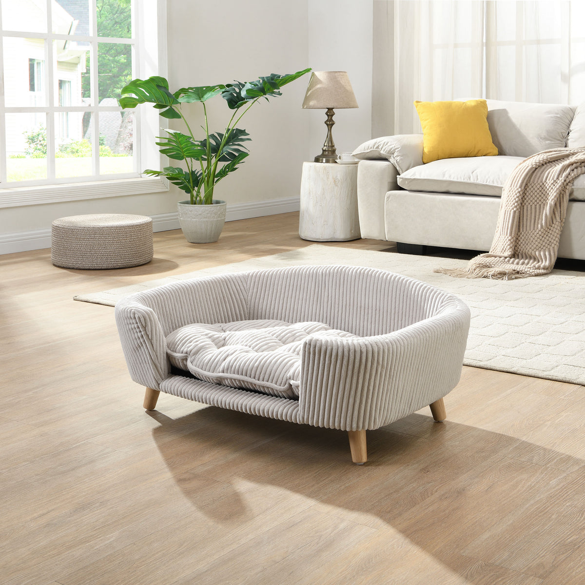 Elevated Dog Bed Frame for Small Dog, Corduroy Pet Couch Bed with Rubber Wood Legs and Supportive Foam, Beige , Easy Ass